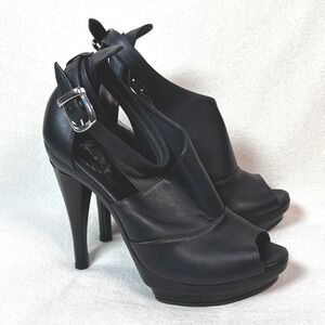 XTC Women Black Leather Peep Toe Ankle Strap Platform Stiletto Heels Size 7